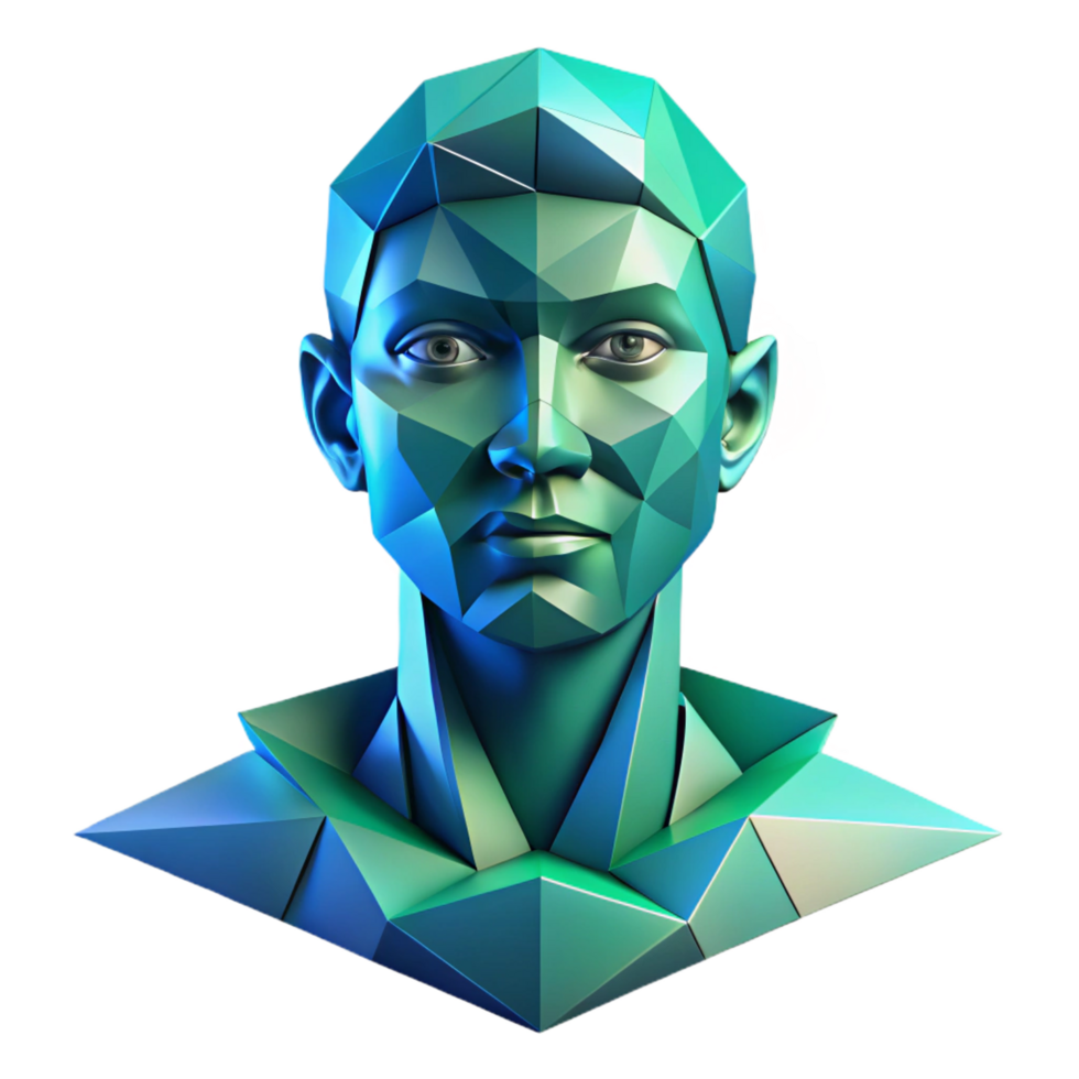 magnificent melancholic avant garde An abstract portrait composed of fragmented, geometric shapes, in shades of blue and green, with soft, diffused lighting high resolution png