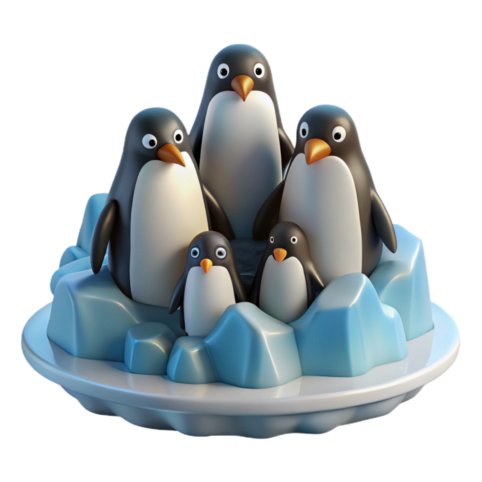 dazzling industrial A group of penguins huddled together on an iceberg, antarctic setting, photorealistic style perfect clarity png