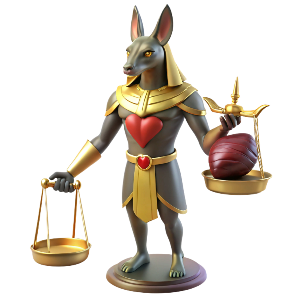 alluring signature Anubis, the jackal headed god, weighing a human heart against a feather on golden scales, within a dimly lit Egyptian tomb, depicted in a hieroglyphic mural style png