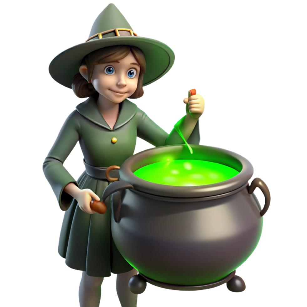 beautiful coveted A mysterious witch brewing a potion in her cauldron, green glowing light, dark fantasy art style png
