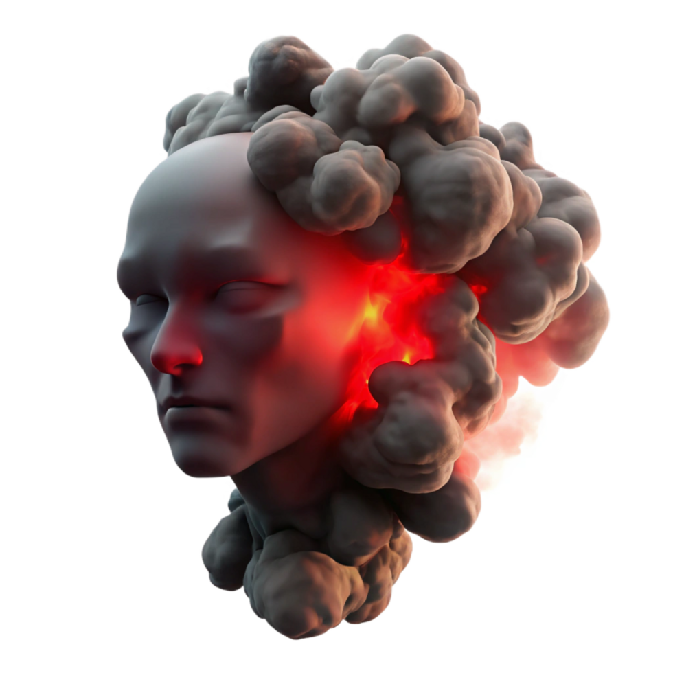 bold captivating A dense cloud of smoke swirling in the shape of a human face, backlit by a dramatic red light, chiaroscuro style high quality png
