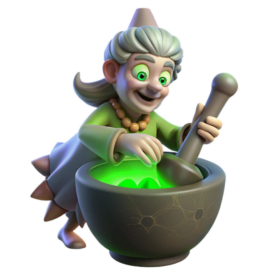 peaceful pristine A wise Baba Yaga flying in her mortar and pestle, eerie green lighting, Slavic folklore style gallery standard png