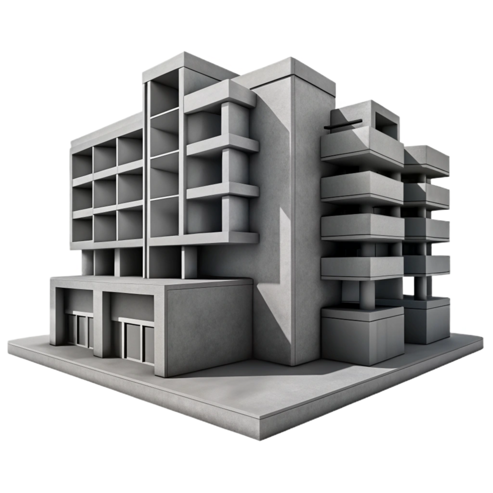vibrant rustic A Brutalist concrete apartment complex, harsh shadows, grayscale, industrial aesthetic, low angle, sharp png