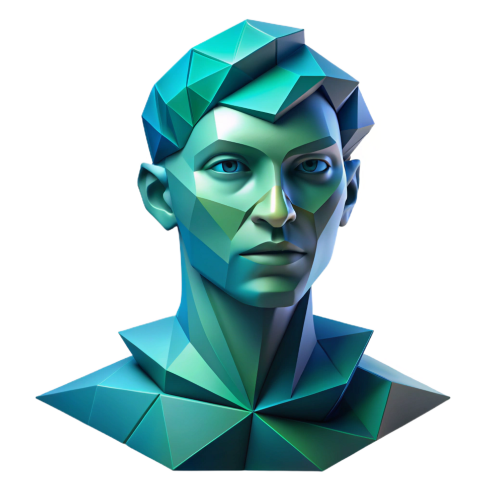 elegant timeless An abstract portrait composed of fragmented, geometric shapes, in shades of blue and green, with soft, diffused lighting png