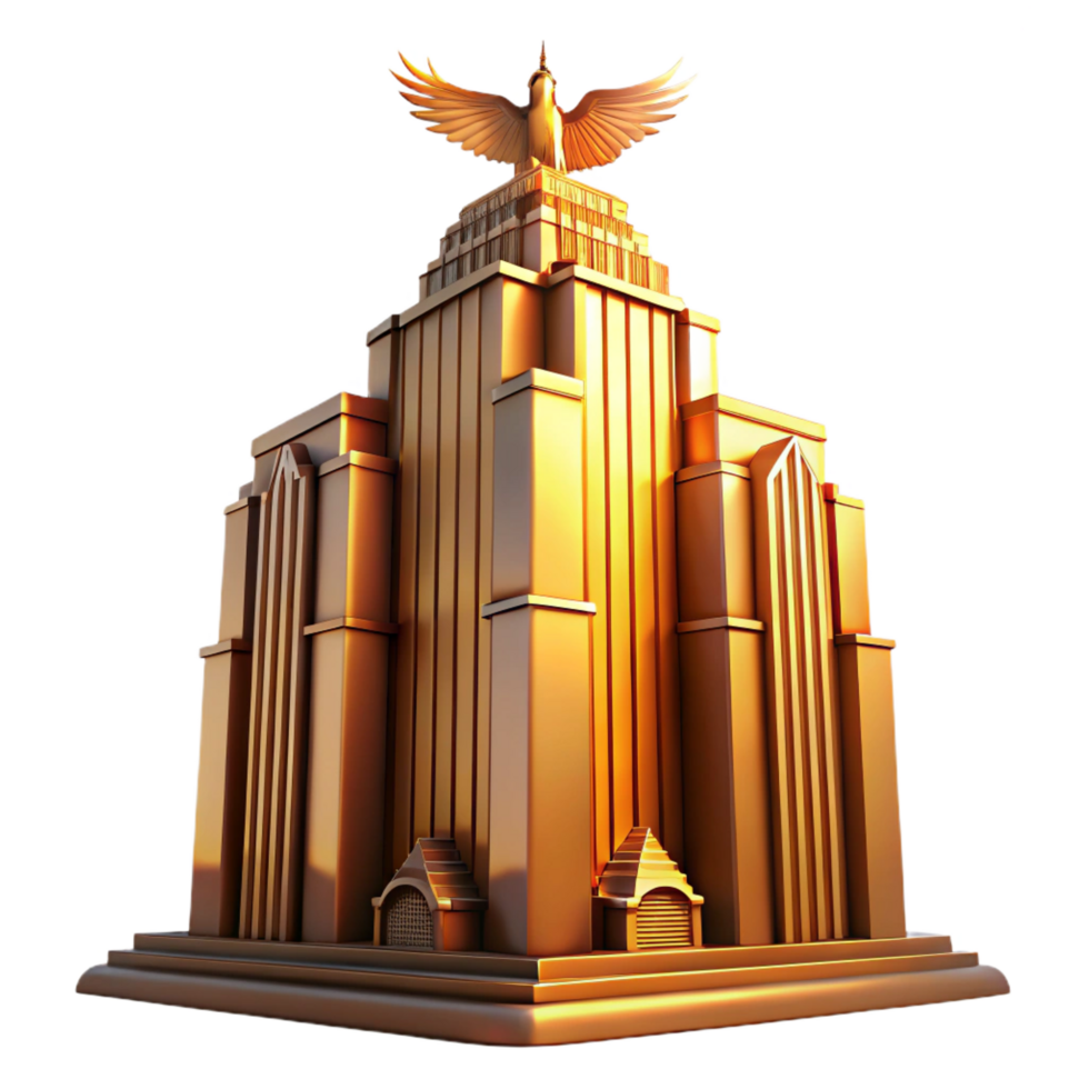 melancholic gorgeous Art Deco skyscraper bathed in golden sunset light, intricate geometric facade, stylized eagles perched on the corners museum quality png