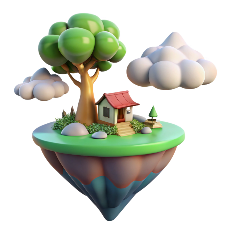 exemplary victorian A floating island with a single tree and a small house, peaceful atmosphere, fantasy art, soft lighting, authentic png