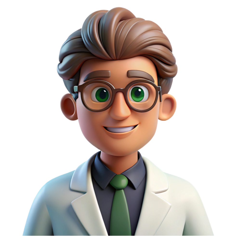 sumptuous exemplary Portrait of a curious scientist with glasses, a lab coat, and a thoughtful expression, lit by bright fluorescent lights, in a pop art style png