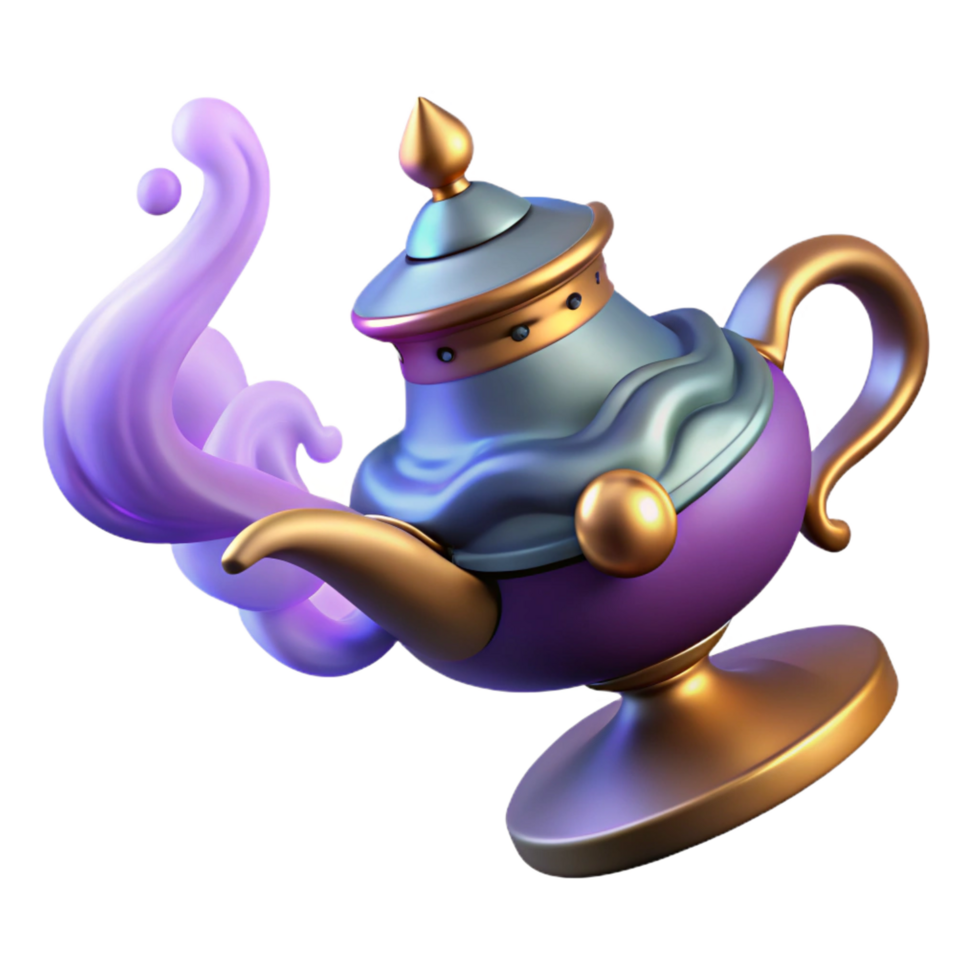sumptuous bold art deco A powerful djinn emerging from a magic lamp, swirling smoke and light, Orientalist style flawless png