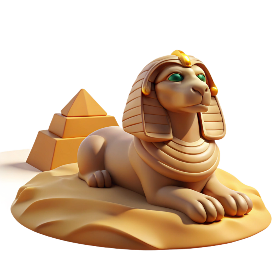 vibrant avant garde A wise Sphinx perched on a desert dune, gazing into the distance, ancient Egyptian style, warm, desert sunlight high quality png