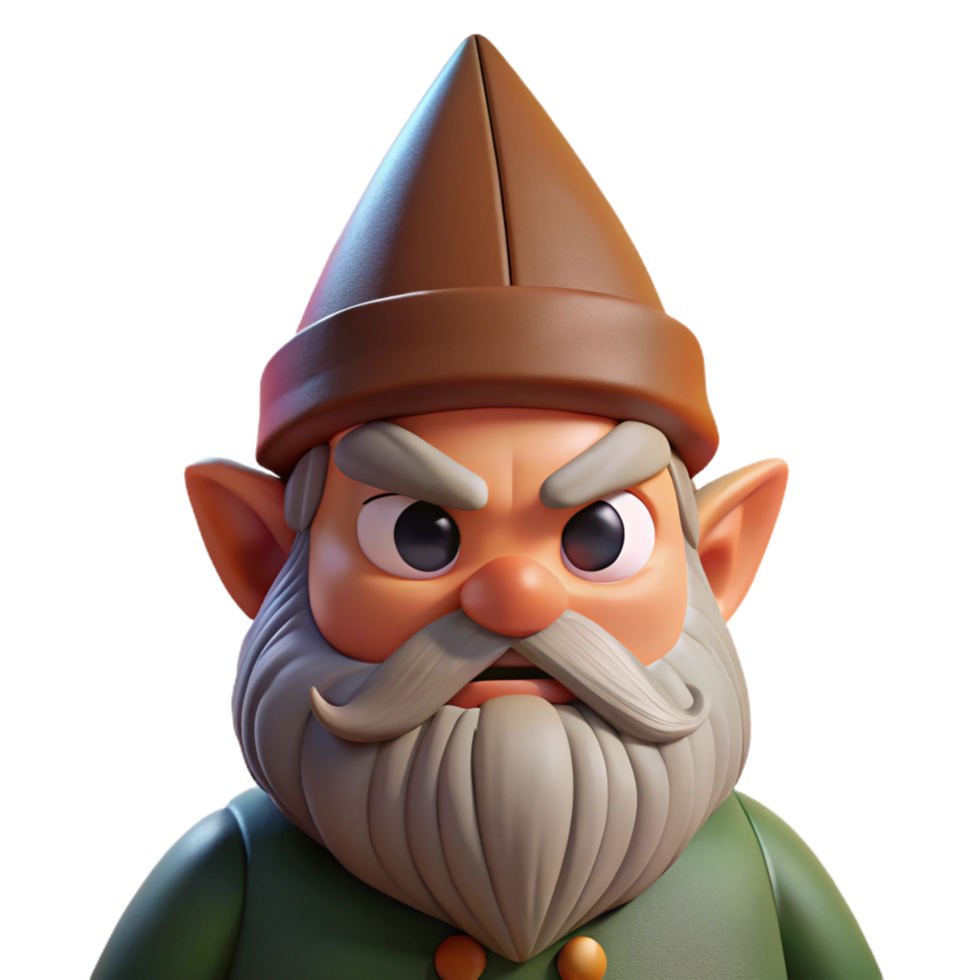 dramatic unparalleled Portrait of a grumpy gnome with a pointed hat, a bushy beard, and a frowning expression, lit by dim, earthy light, in a whimsical fantasy style png