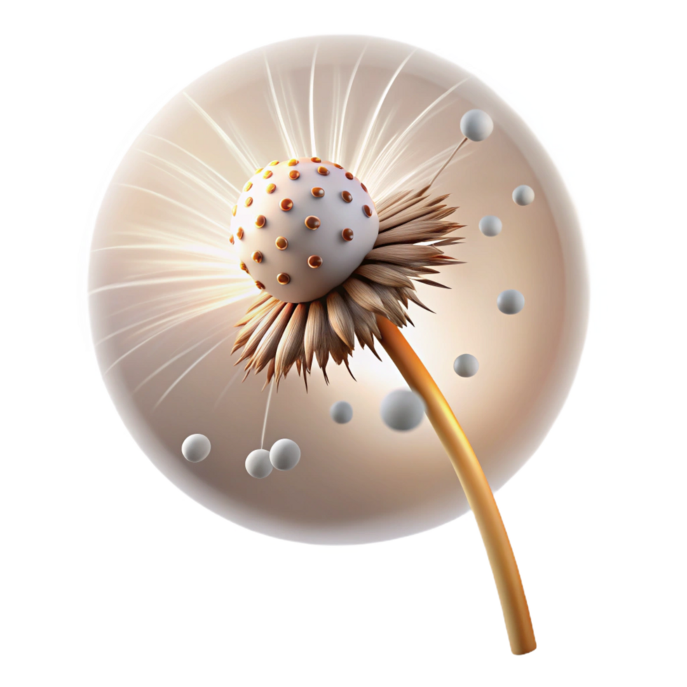 picturesque bold modern A single dandelion seedhead with seeds dispersing in the wind, lit by a dramatic spotlight, surrealist style genuine png