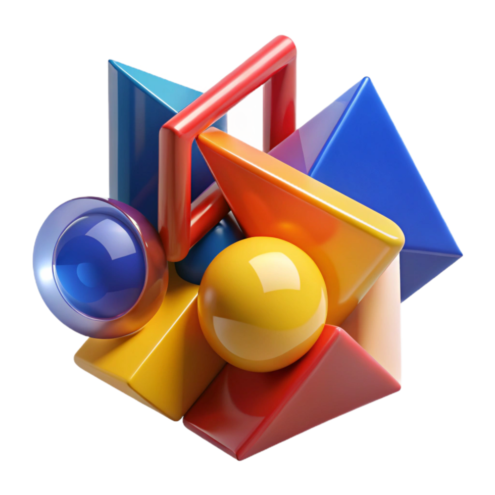 nostalgic dazzling A dynamic composition of overlapping, transparent geometric shapes in vibrant, primary colors, lit by a sharp, directional light. Bauhaus style refined png