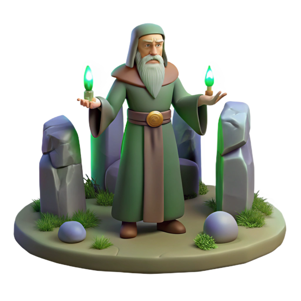 iconic gothic A wise old druid performing a ritual in a stone circle, mystical light emanating from the stones, Celtic art style 4K png