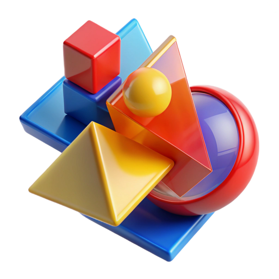 wonderful rustic A dynamic composition of overlapping, transparent geometric shapes in vibrant, primary colors, lit by a sharp, directional light. Bauhaus style 4K png