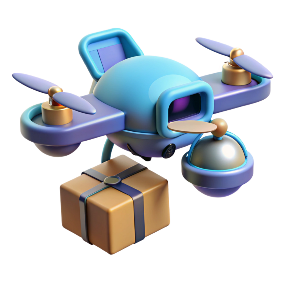 pristine acclaimed A futuristic drone delivering a package, sleek design, city backdrop, realistic style, daytime lighting png