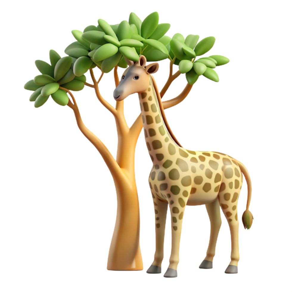 splendid romantic bohemian A graceful giraffe reaching for leaves on a tall tree, African savanna background, realistic style premium png