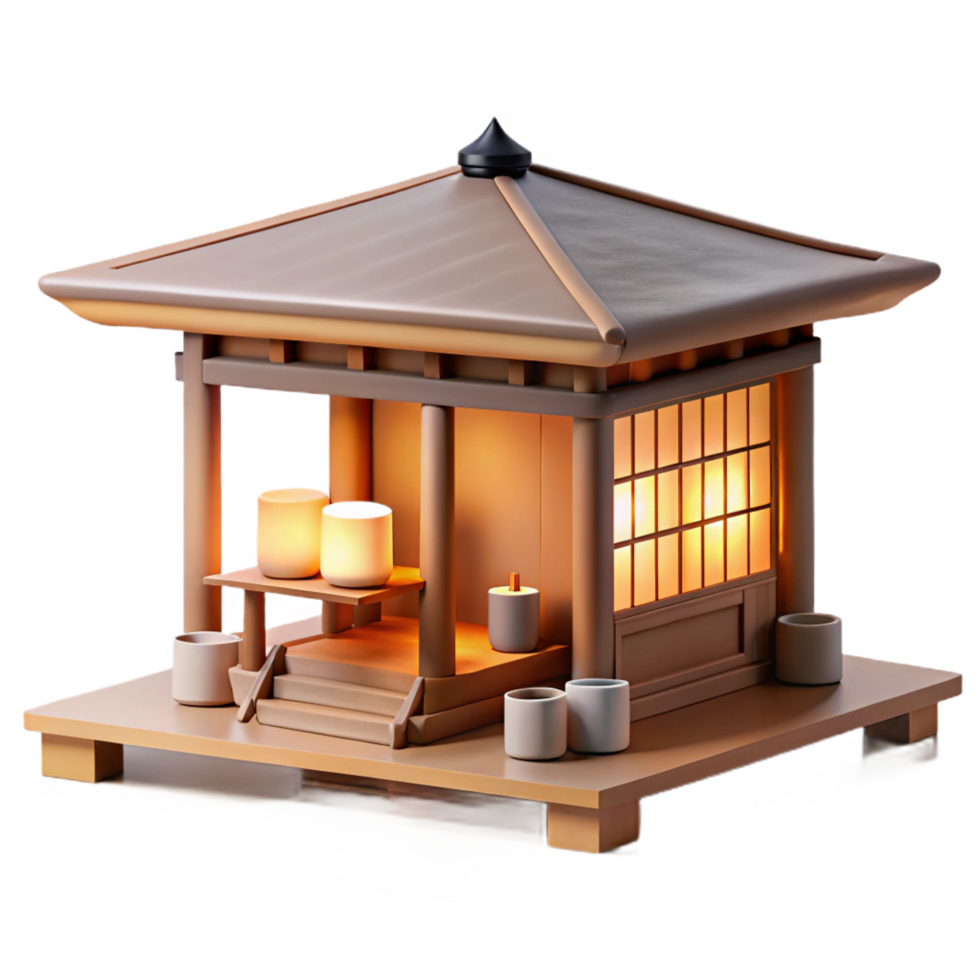 majestic futuristic A minimalist Japanese tea house, natural wood and paper, soft diffused lighting, serene atmosphere, precision png