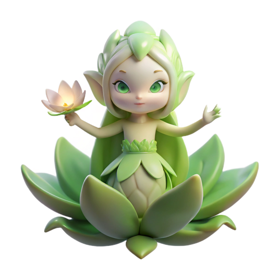 elegant dynamic surreal A serene forest spirit emerging from a blooming flower, soft magical lighting, in a delicate art nouveau style flawless png