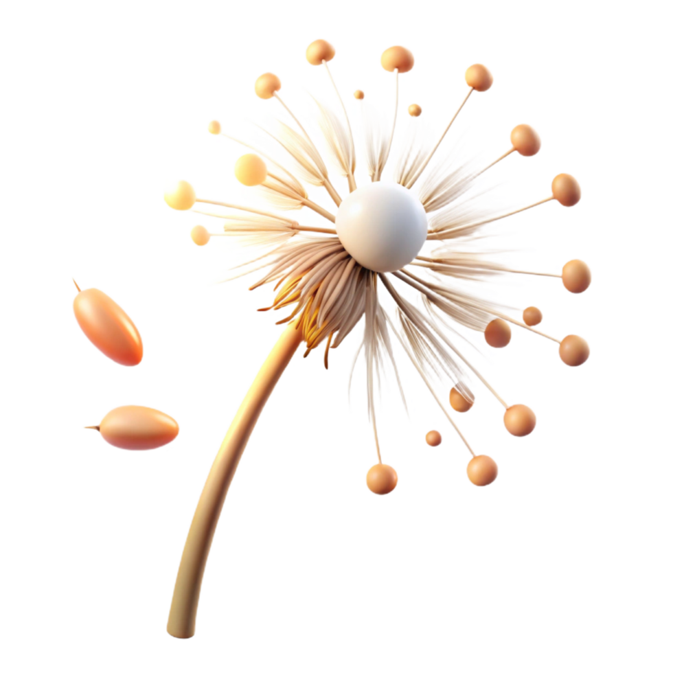 dramatic distinguished A single dandelion seedhead with seeds blowing in the wind, golden hour lighting, whimsical style png