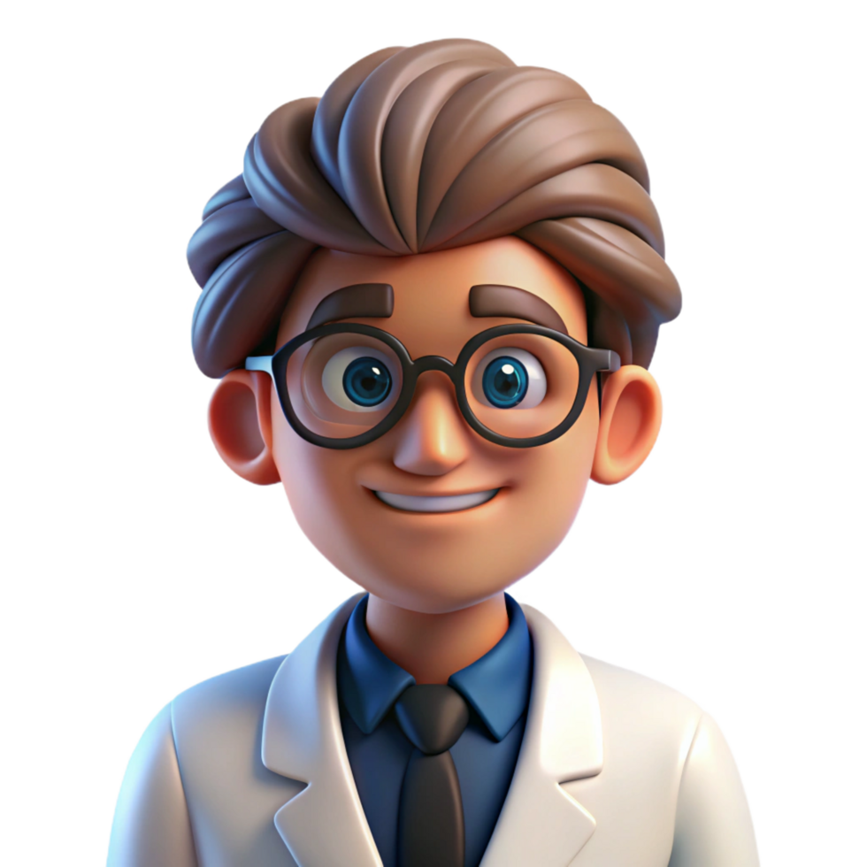 signature modern Portrait of a curious scientist with glasses, a lab coat, and a thoughtful expression, lit by bright fluorescent lights, in a pop art style artisan png
