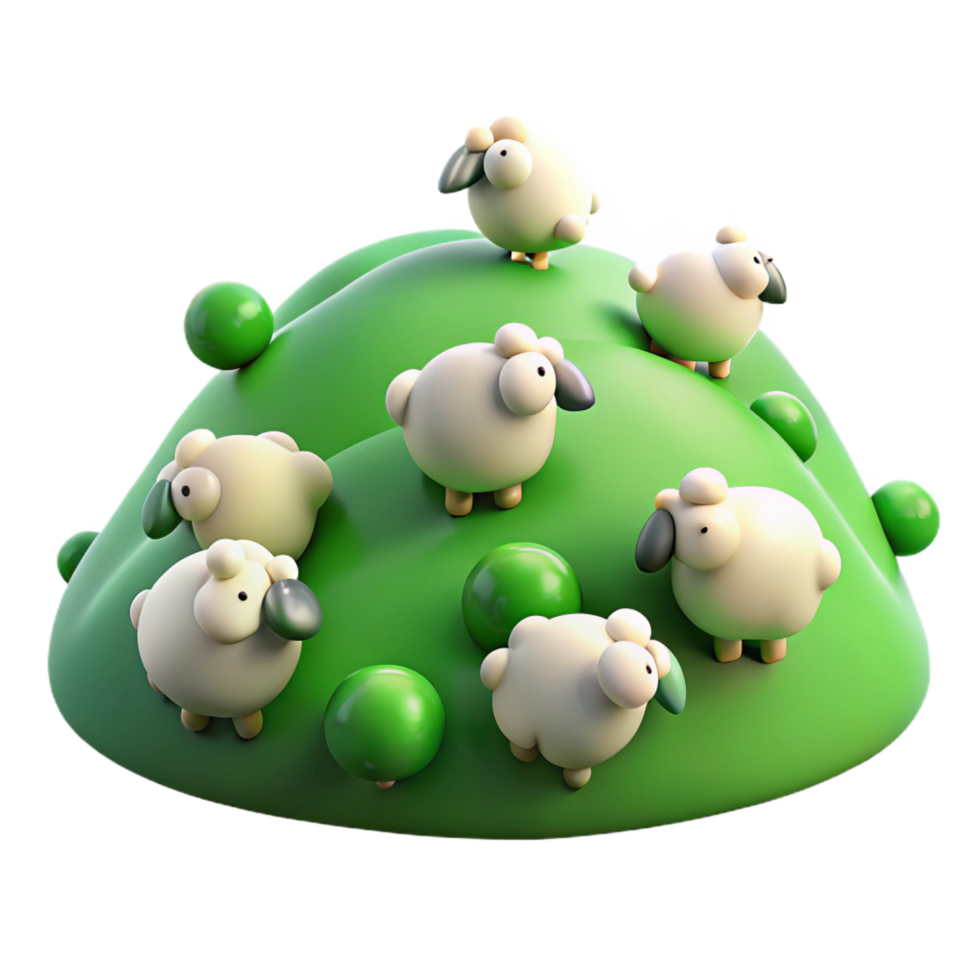 reflective striking A rolling green hill dotted with sheep, soft diffused lighting, pastoral style top tier png