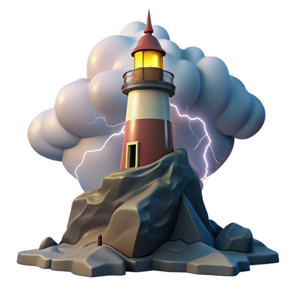 alluring renaissance A solitary lighthouse perched on a rocky cliff, dramatic storm clouds and lightning, dramatic and moody style detailed png