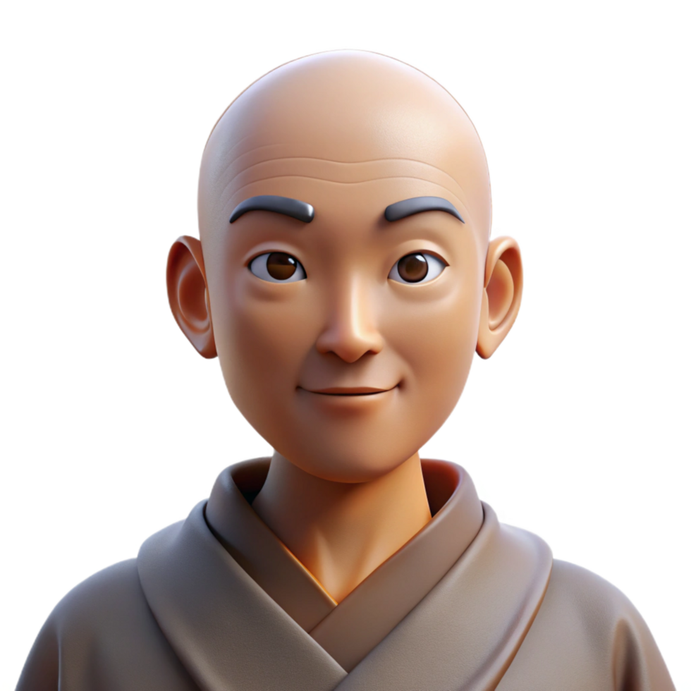 beautiful traditional Portrait of a serene monk with a peaceful expression and shaved head, wearing simple robes, lit by soft natural light, spiritual art style detailed png