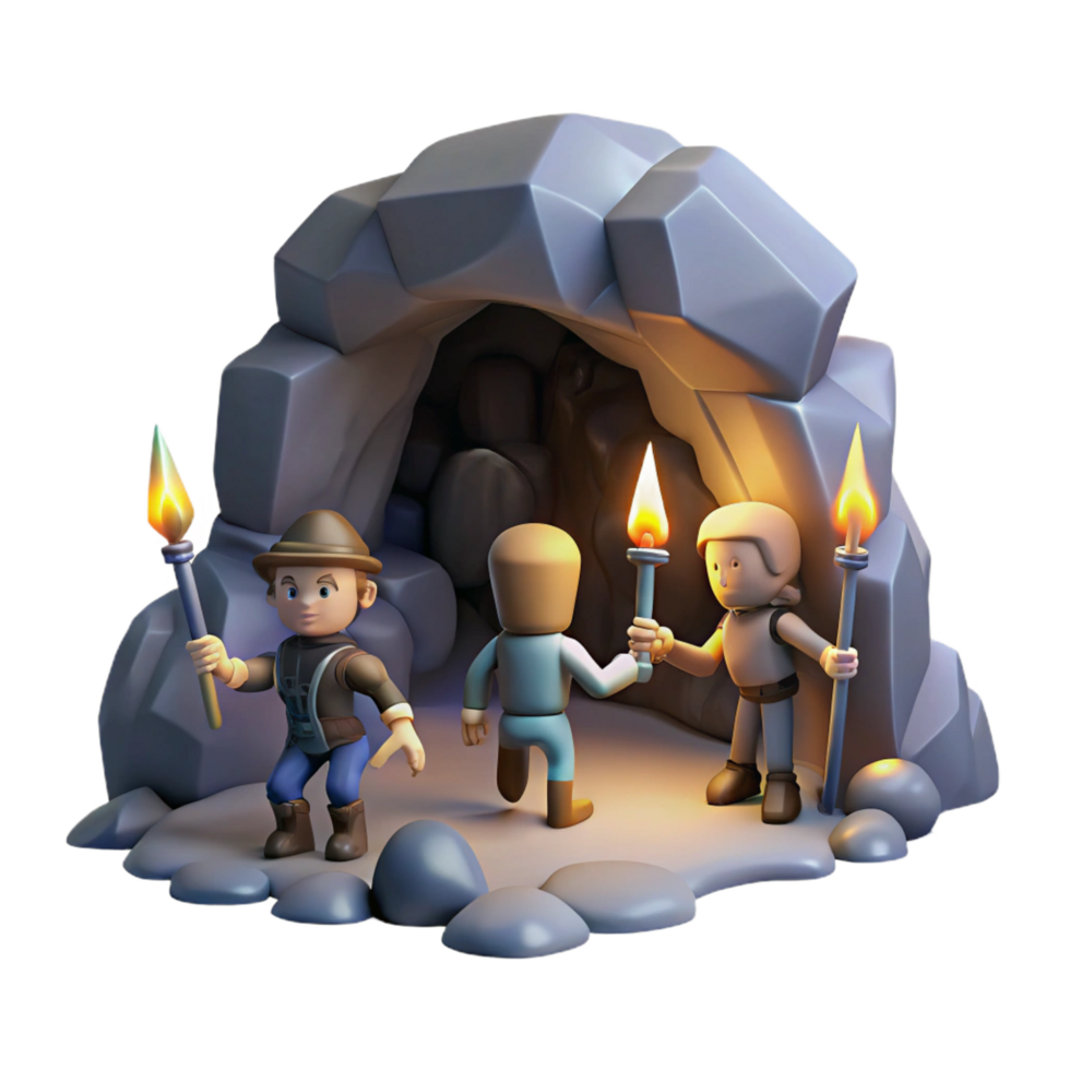 rare tropical A group of adventurers exploring a dark and mysterious cave, flickering torchlight, adventurous and gritty style refined png