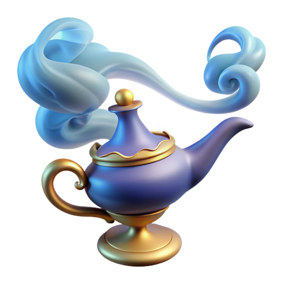 alluring classic A powerful djinn emerging from a magic lamp, swirling smoke and light, Orientalist style original png