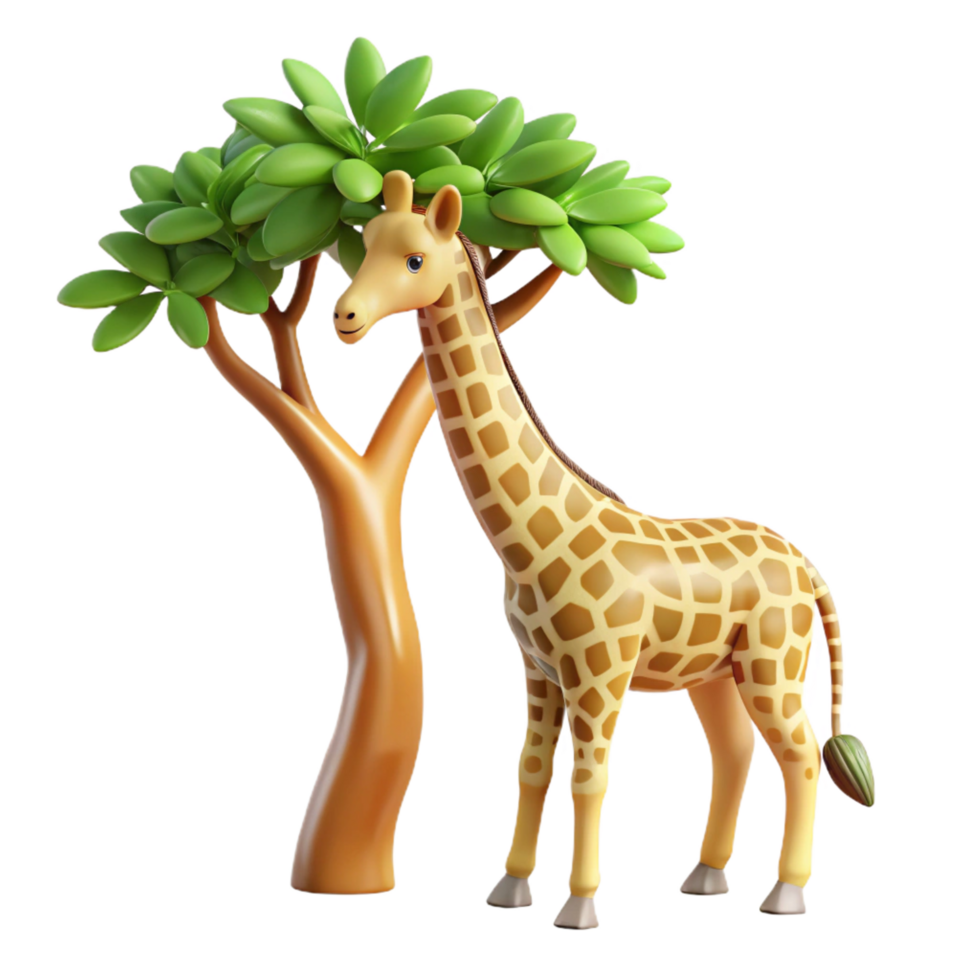 exquisite organic A graceful giraffe reaching for leaves on a tall tree, African savanna background, realistic style 8K png