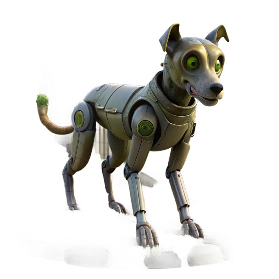 beautiful creative A lone, robotic dog wanders through a deserted, post apocalyptic city, overgrown with vegetation. Cyberpunk style, gritty texture ultra HD png
