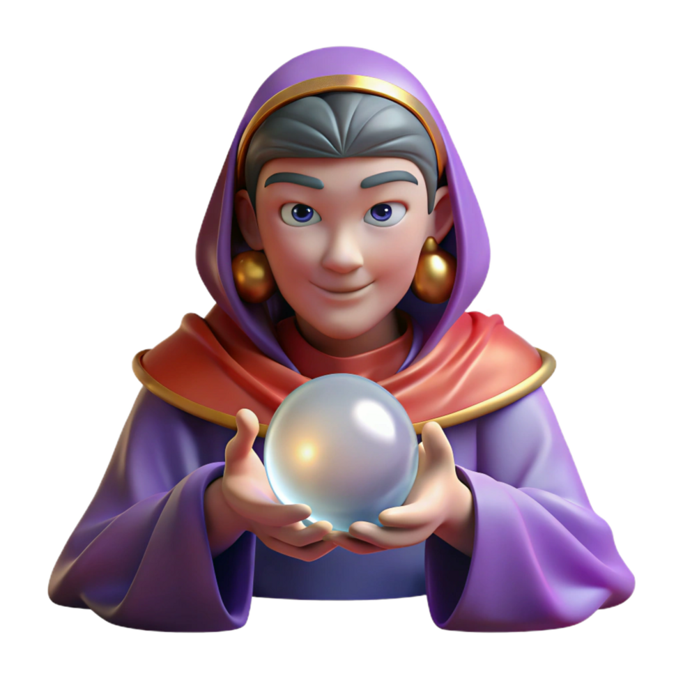 majestic nostalgic gothic Portrait of an enigmatic fortune teller with a crystal ball, draped in flowing fabrics, and a mysterious gaze, lit by flickering candlelight, in a mystical style professional png