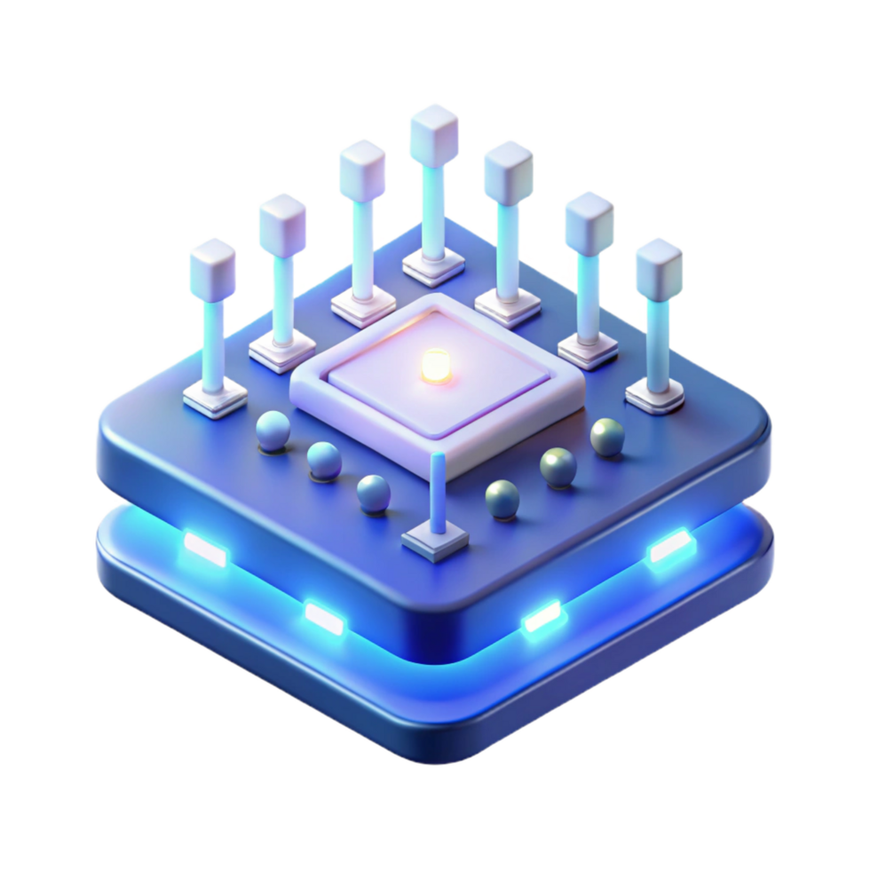 beautiful unforgettable A single, levitating circuit board with glowing LEDs, intricate traces visible, illuminated by a soft blue light, in a minimalist style png