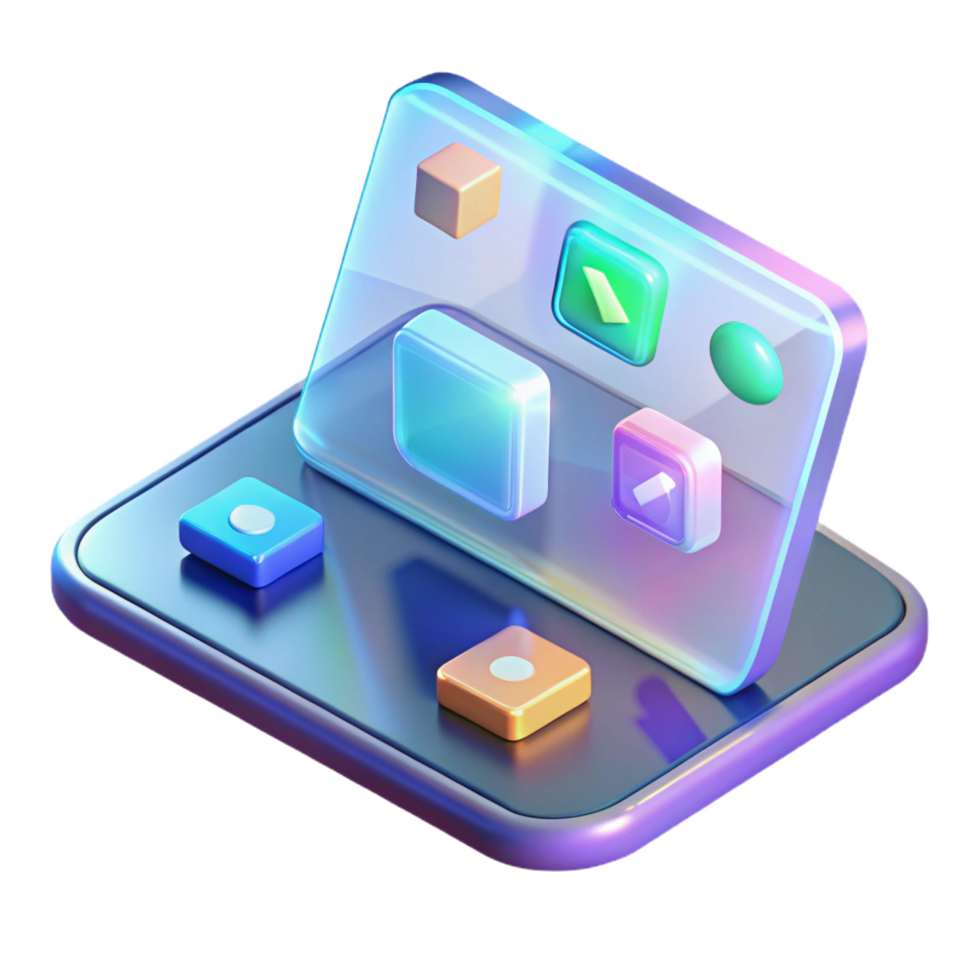 sumptuous celebrated A transparent tablet displaying a holographic interface, icons floating above its surface, illuminated by the glow of the interface, rendered in a product design, minimalist style png