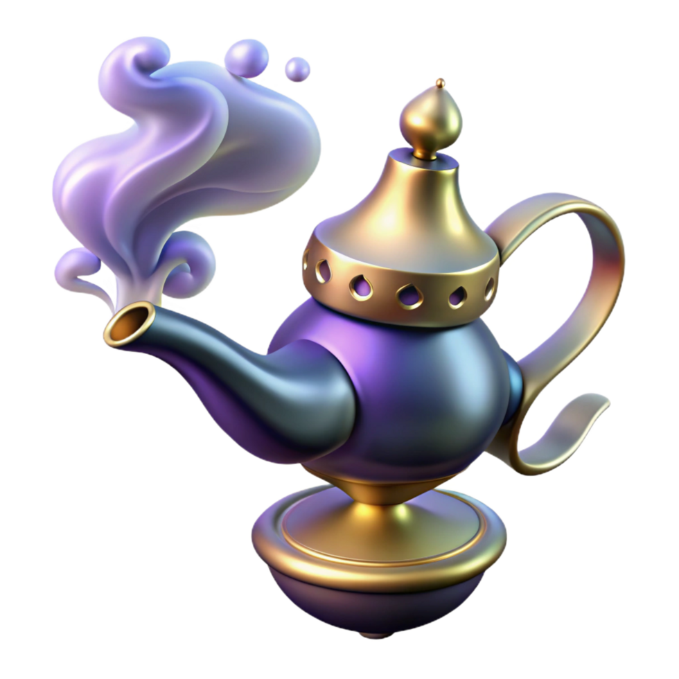 gorgeous reflective artistic A powerful djinn emerging from a lamp, smoke swirling, Arabic folklore style, mystical, glowing lighting, high quality png