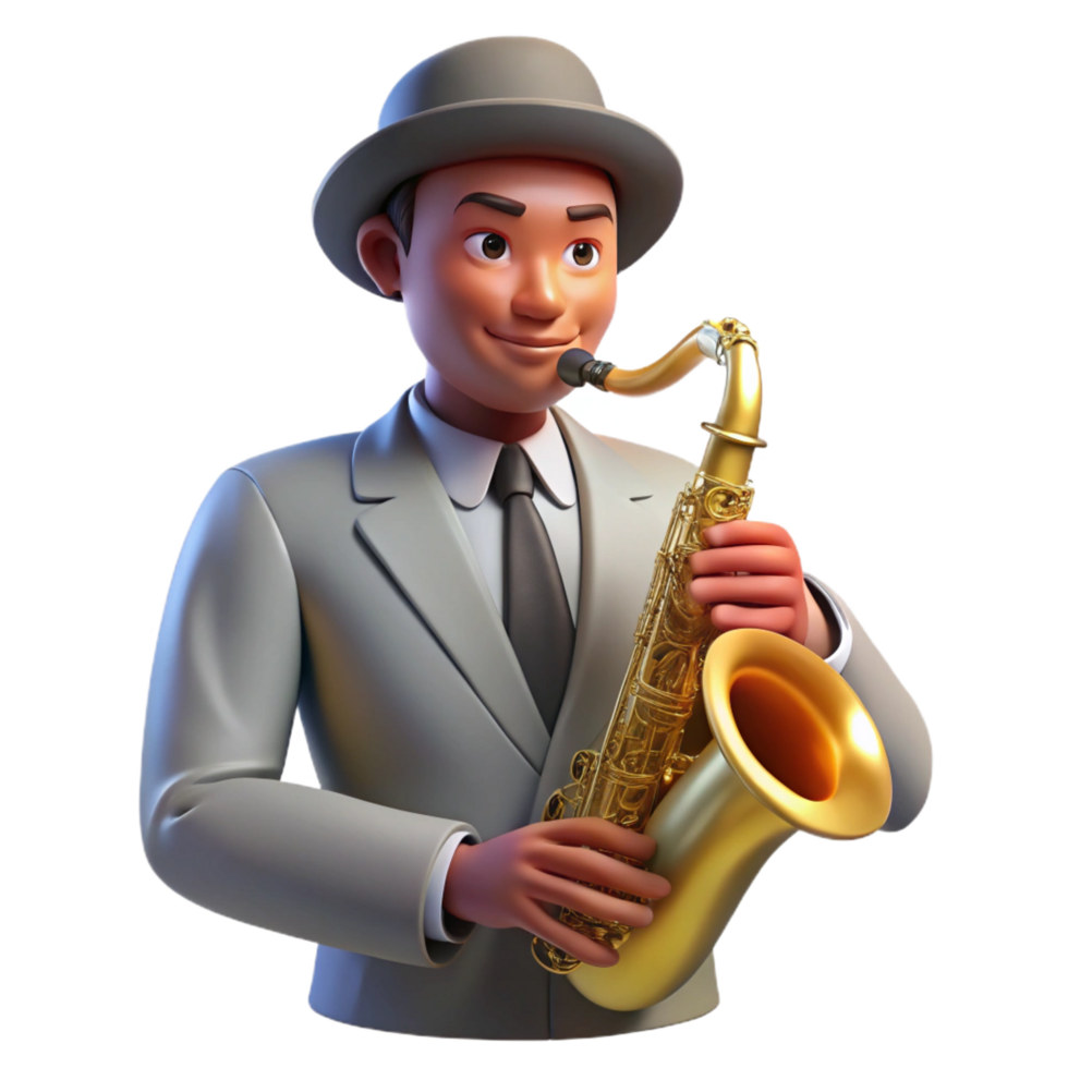 serene memorable Portrait of a soulful musician with a saxophone, smoky jazz club lighting, art deco style png