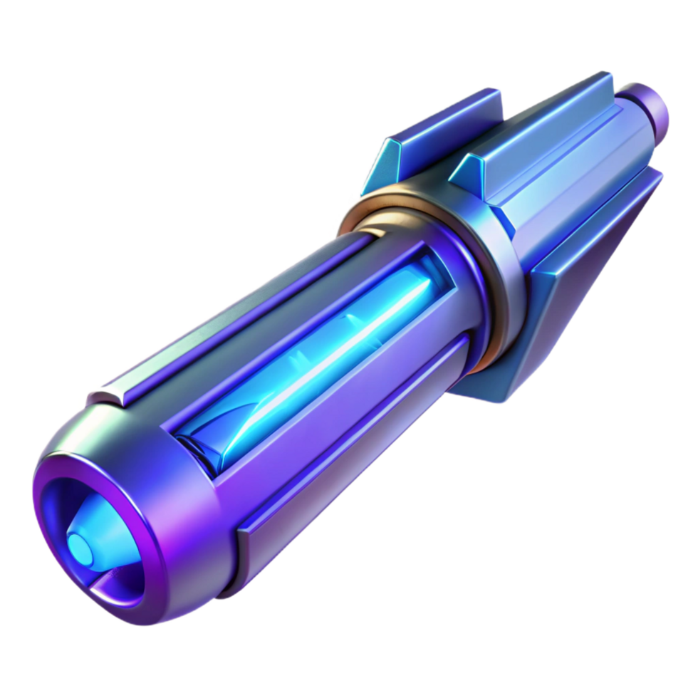 dreamy captivating A futuristic weapon, sleek design with glowing energy core, illuminated by blue and purple light, in a sci fi style high quality png
