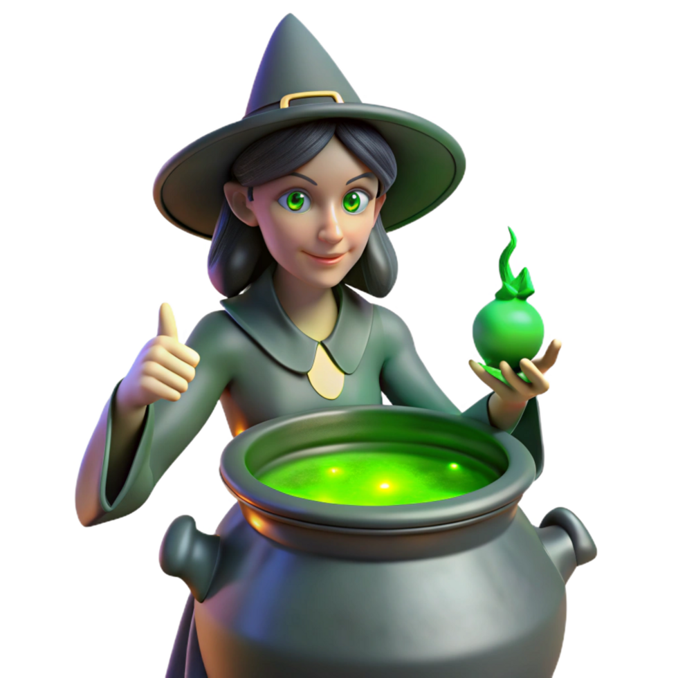dramatic radiant A mysterious witch brewing a potion in her cauldron, green glowing light, dark fantasy art style detailed png