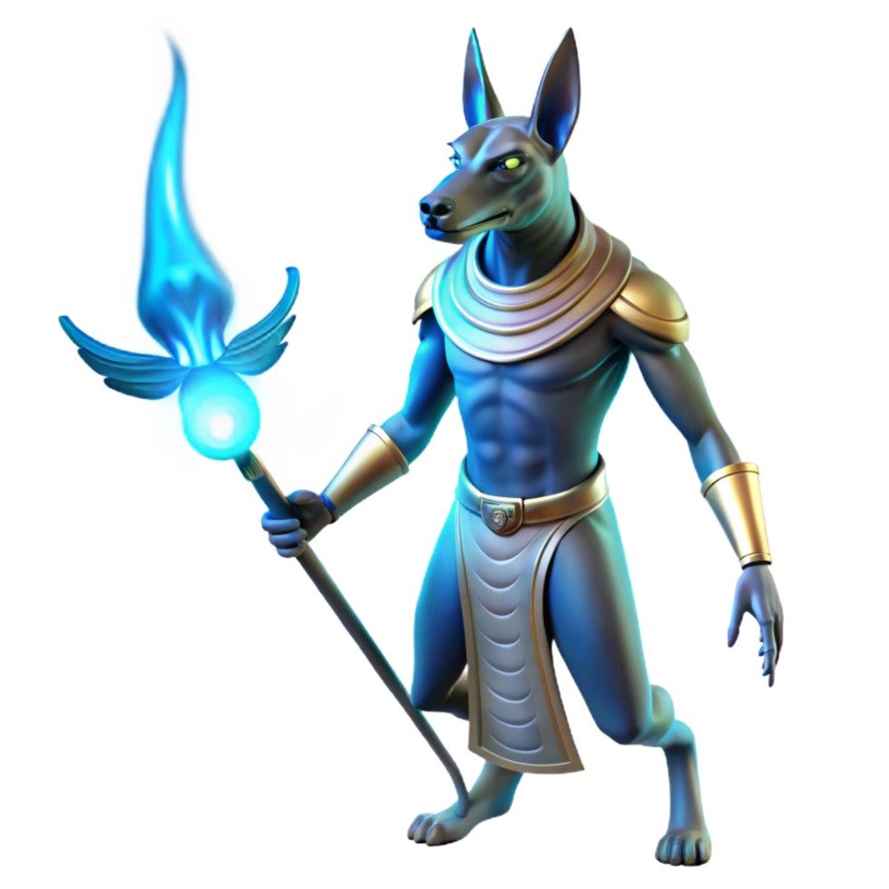 wonderful playful geometric Anubis leading a soul to the afterlife, ethereal blue light, ancient Egyptian art style authentic png
