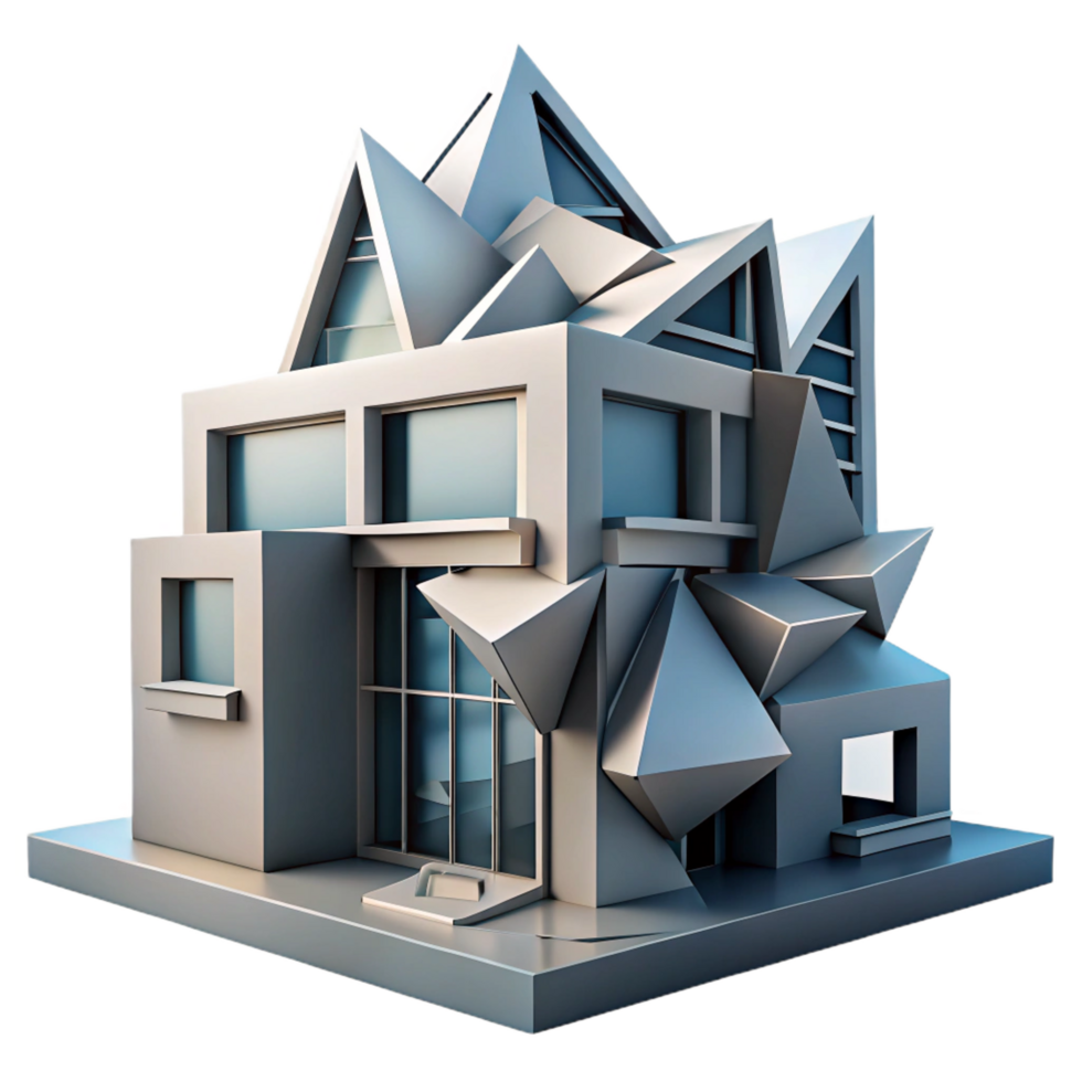 unforgettable artistic Deconstructivist building with fragmented shapes and distorted angles, sharp contrasting light and shadow, abstract art style luxury png