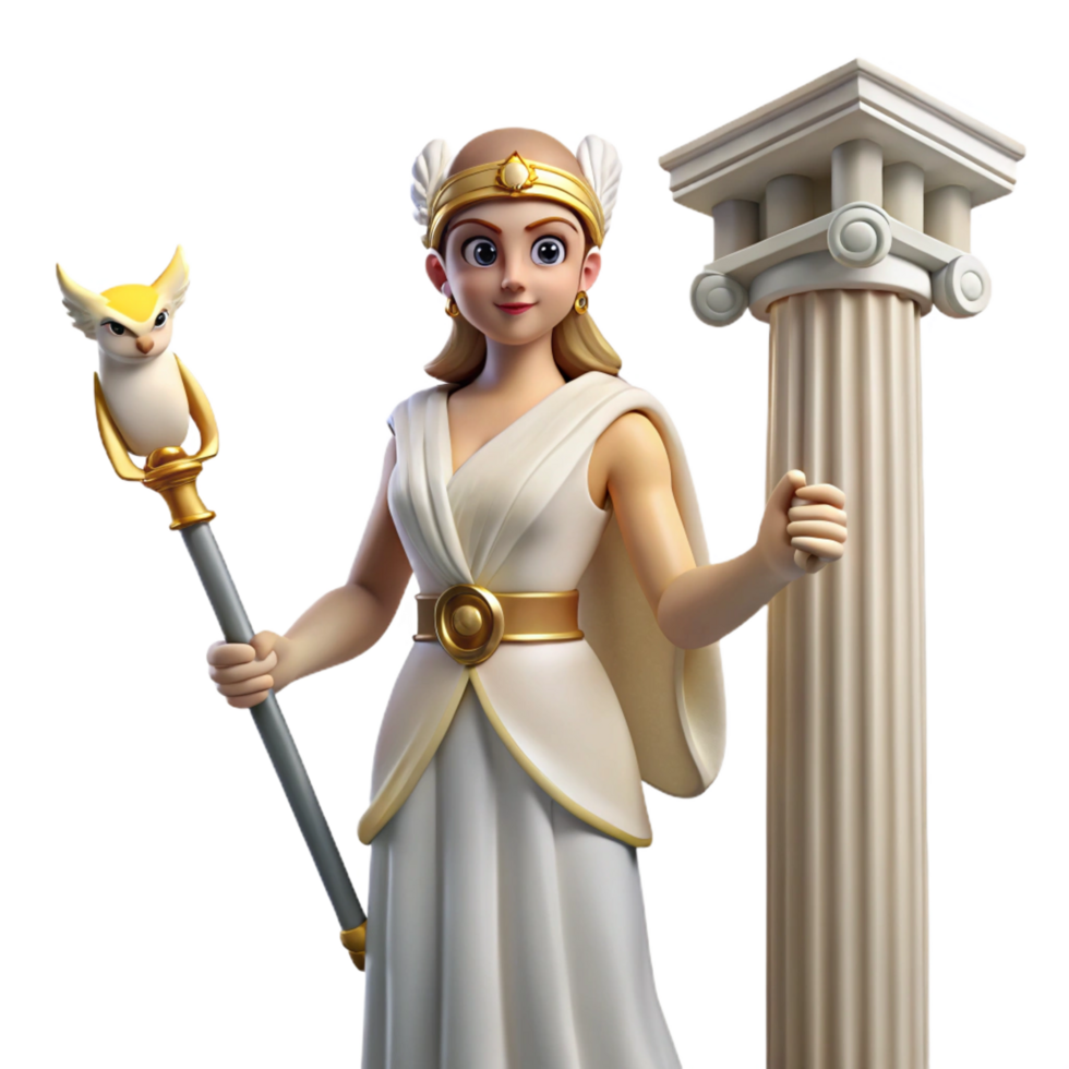 iconic impressionist A wise Athena standing in a temple, holding her owl and spear, serene and contemplative, classical Greek style, impeccable png