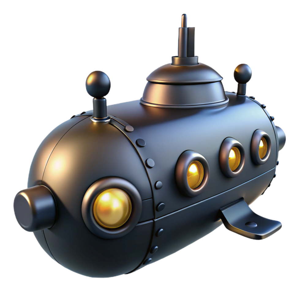 whimsical glorious A steampunk submarine, sleek and black, with glowing portholes, submerged in a dark ocean, eerie lighting impeccable png