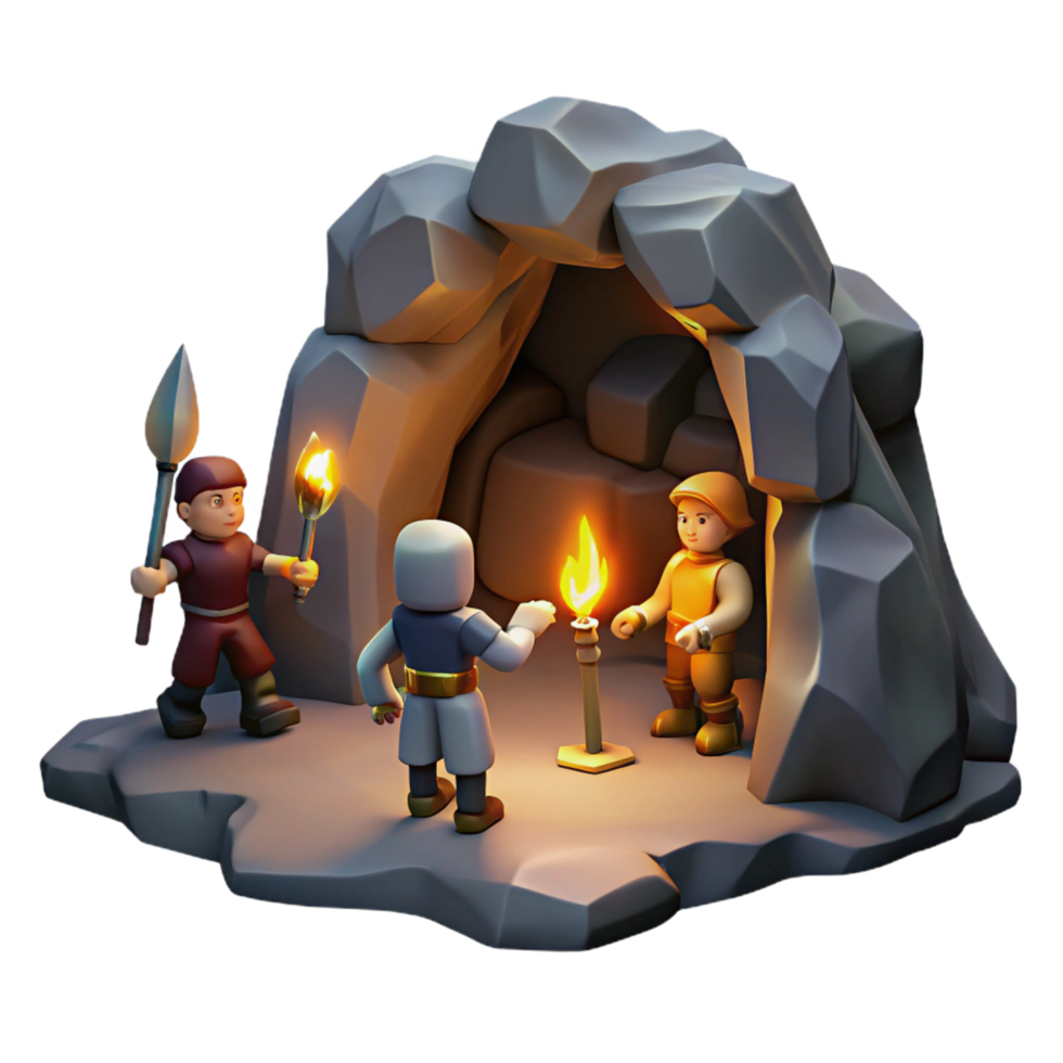 magnificent romantic retro A band of adventurers exploring a dark, mysterious cave, flickering torchlight, realistic style perfect clarity png