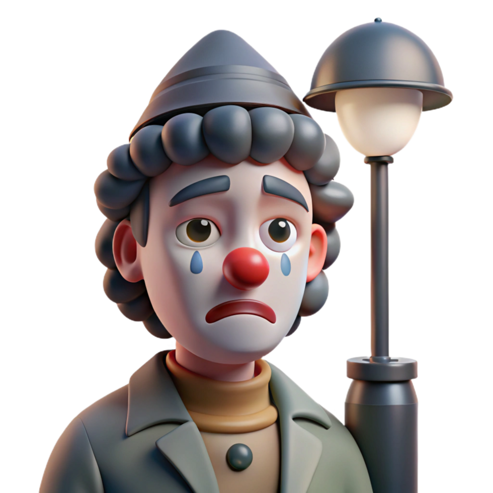 dramatic creative Portrait of a melancholic clown with fading makeup, a single tear rolling down their cheek, and a wistful expression, lit by a dim streetlamp, in a dramatic style artisan png