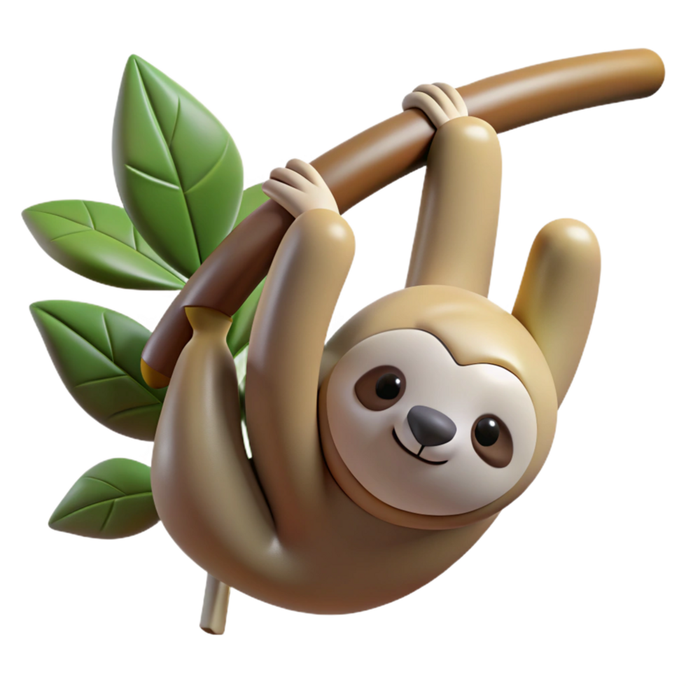 magnificent art deco A sloth hanging upside down from a tree branch, rainforest setting, soft diffused light crisp png