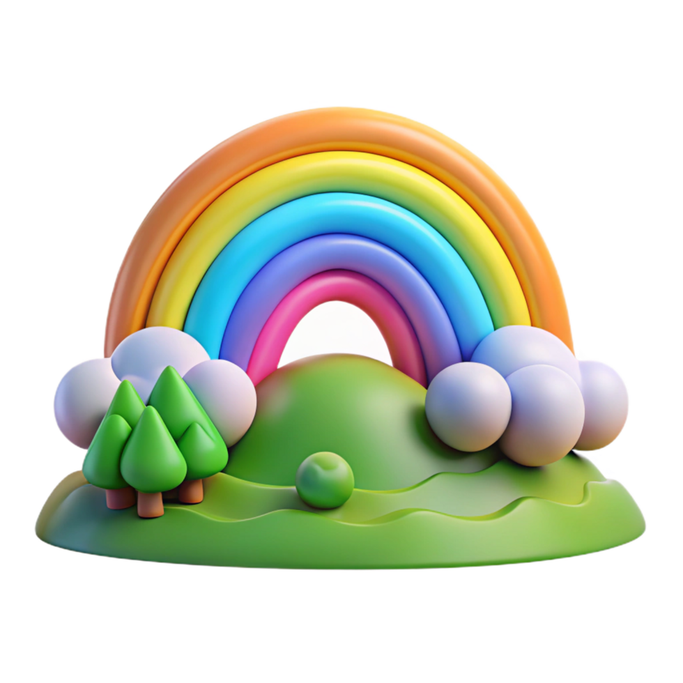 dramatic gorgeous A vibrant rainbow arcing over a green valley, after a rain shower, bright and cheerful, cartoon style detailed png