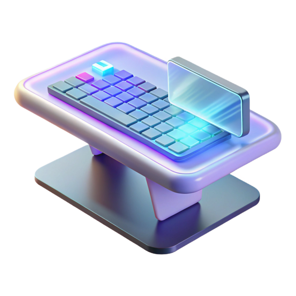 dreamy hypnotic A holographic keyboard projected onto a desk, sleek design, interactive elements, minimalist style studio quality png
