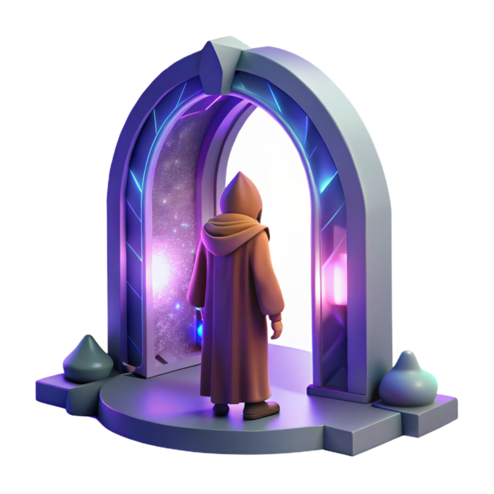wonderful distinctive A lone figure in a hooded cloak stands before a giant portal shimmering with otherworldly energy. Fantasy sci fi style, ethereal lighting png