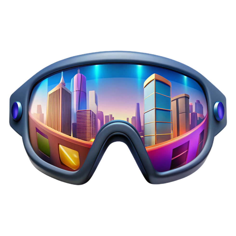 breathtaking joyful traditional A pair of augmented reality glasses displaying a vibrant heads up display, reflections of a bustling city street visible in the lenses, hyperrealistic style original png