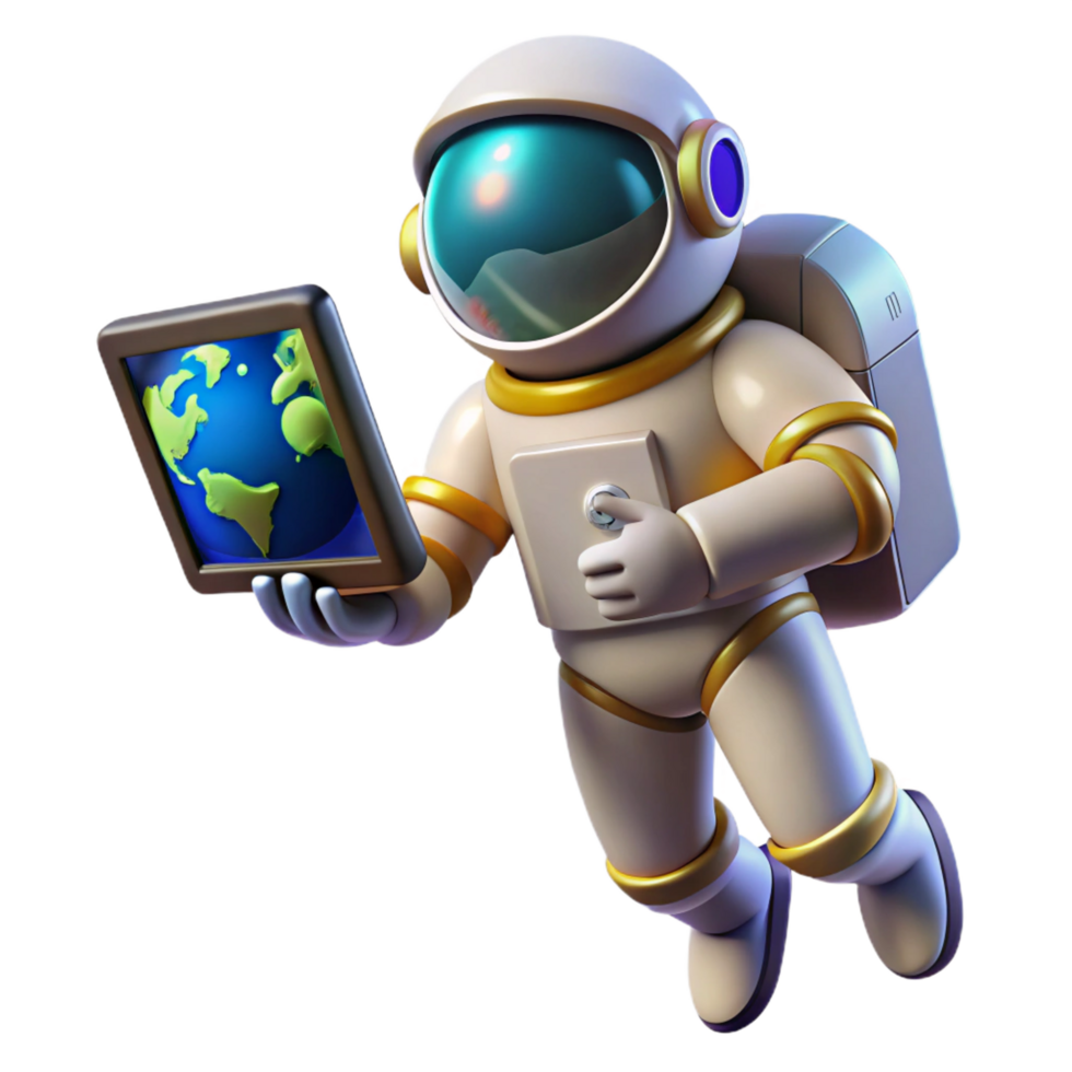 pristine romantic avant garde A lone astronaut floating in space, holding a transparent tablet displaying a live feed of Earth, realistic style, dramatic lighting masterfully captured png